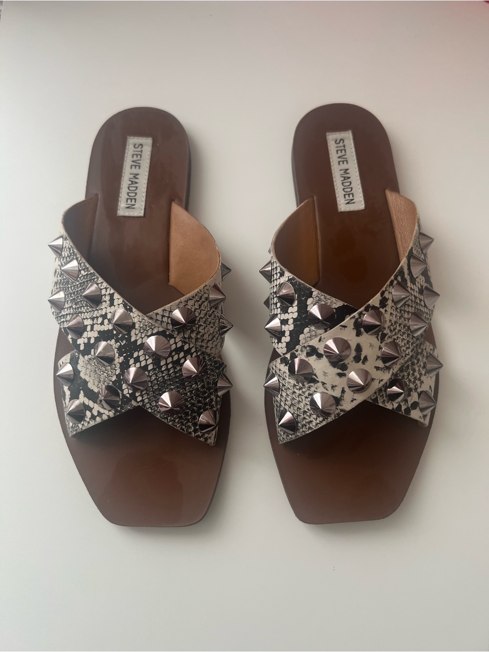 Steve Madden Women's Snake-Print Studded Slide Sandals in Brown